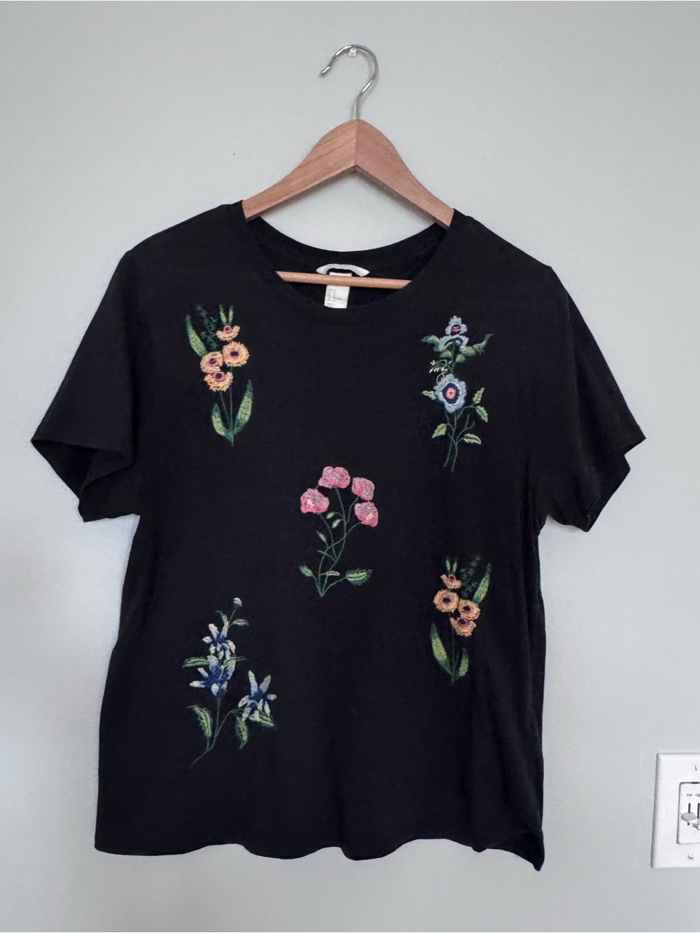 H&M Black Short Sleeve Tee with Multicolor Floral Embroidery